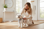 Woman clipping white dog harness onto small dog at home