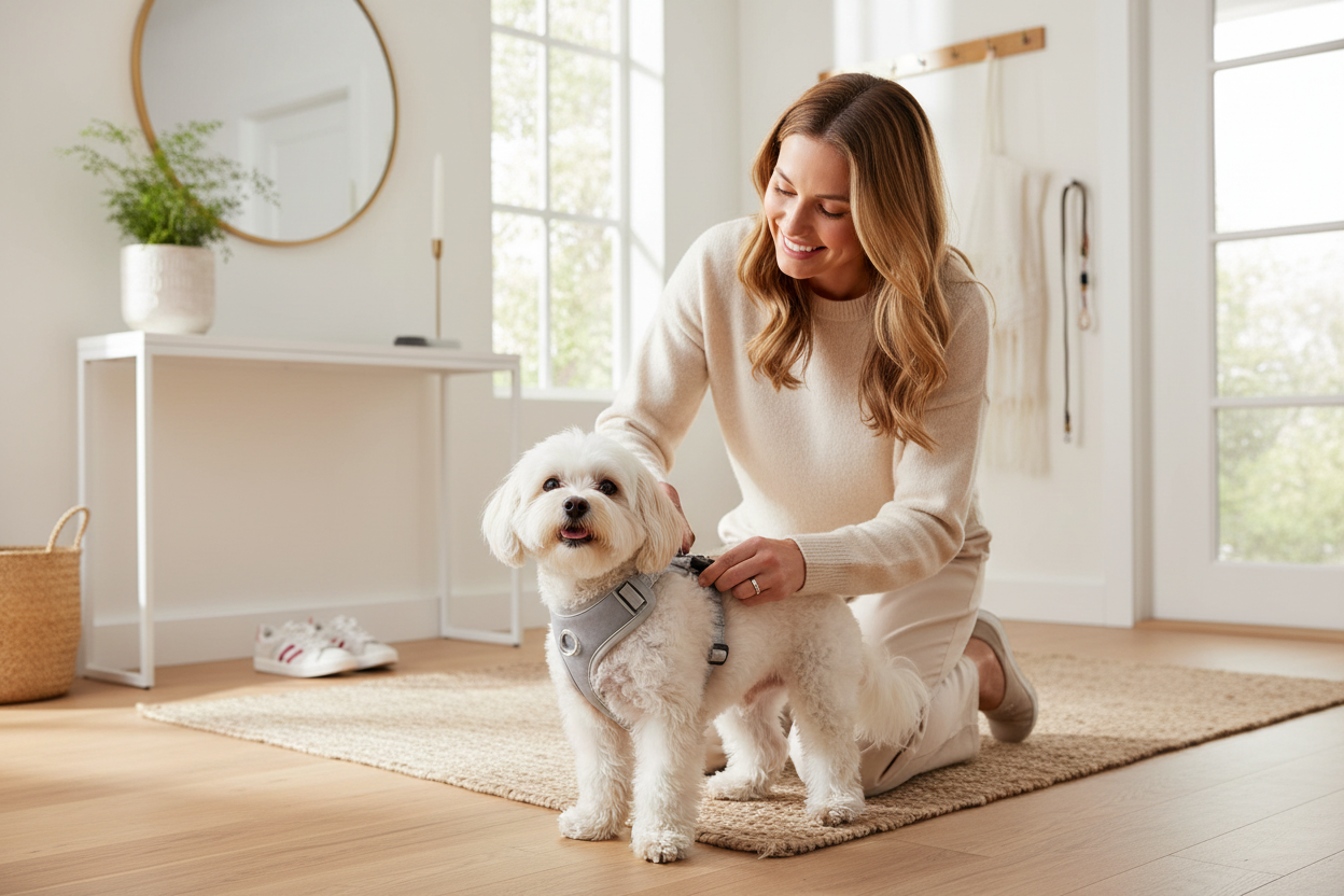 Woman clipping white dog harness onto small dog at home