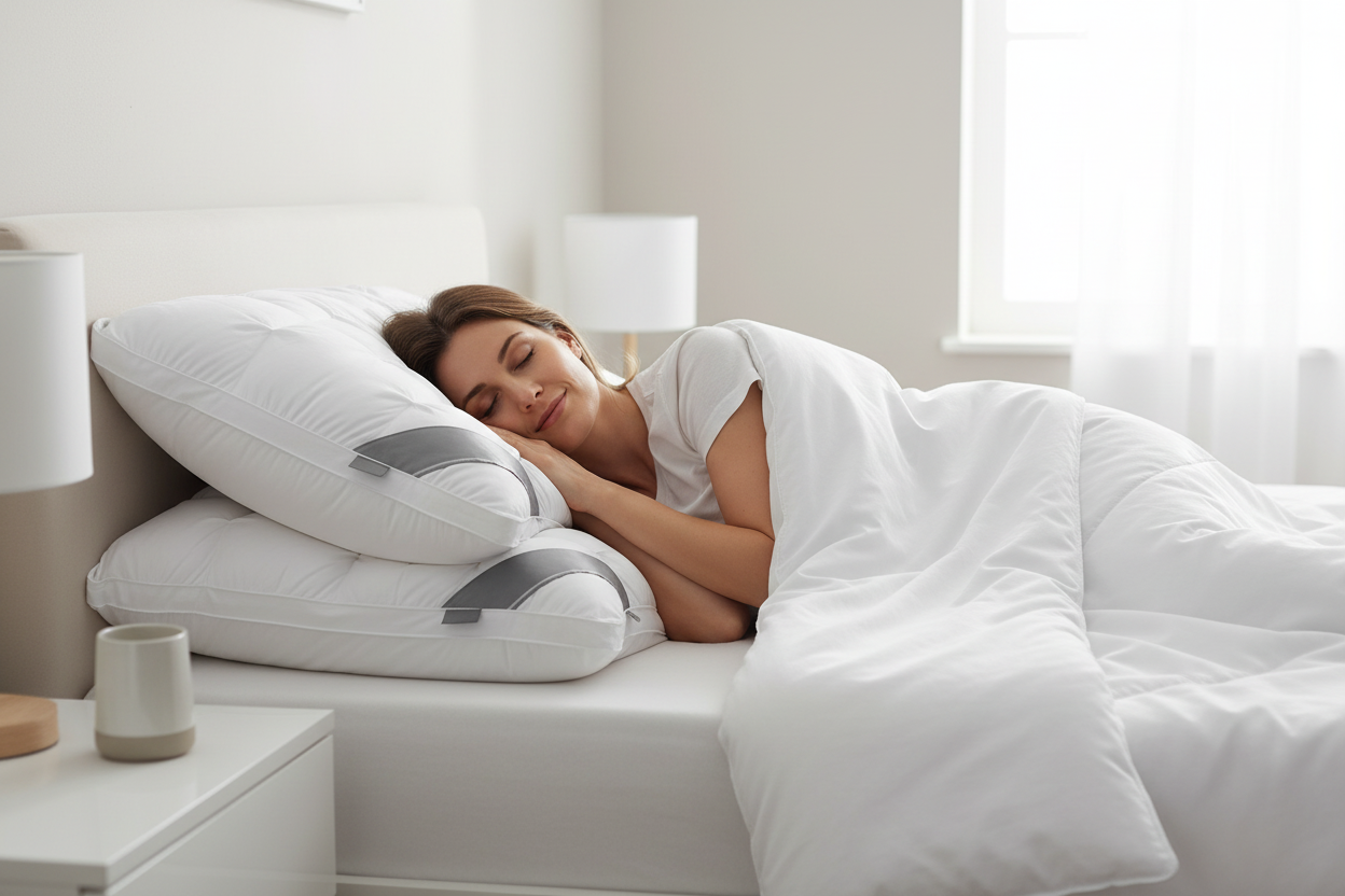 Woman sleeping on white pinch-pleat hotel pillows